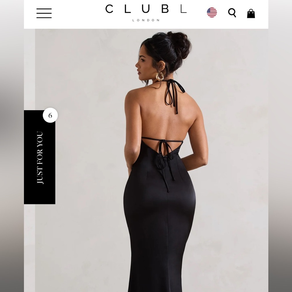 BLACK SATIN HALTER-NECK MAXI DRESS WITH FLOWER CORSAGE